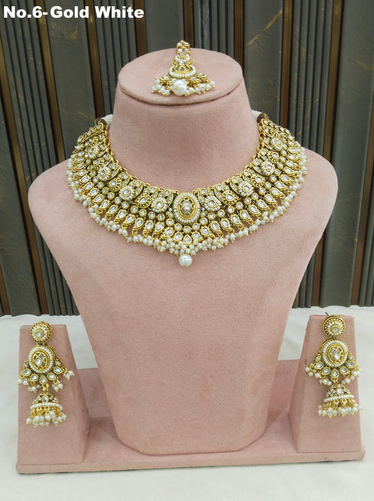Gold White Kundan necklace Set/ Indian jewellery kundan gabu sets