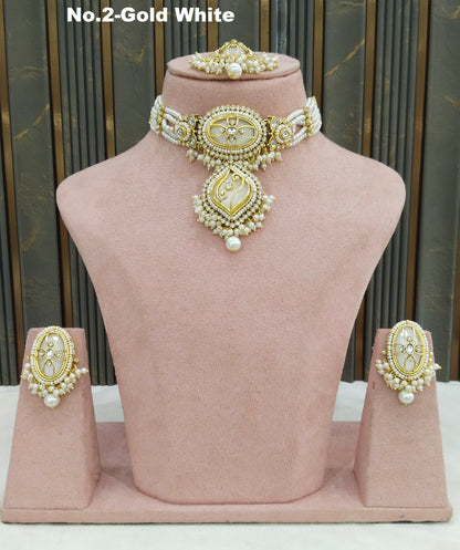 Gold White Kundan choker Set/ kundan choker Kundan Fana Set