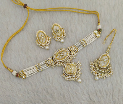Gold White Kundan choker Set/ kundan choker Kundan Fana Set