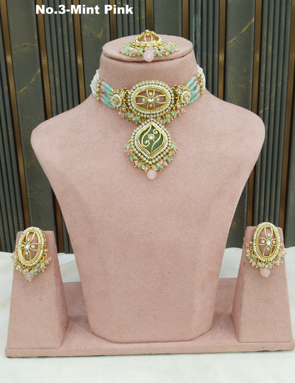 Mint Pink Kundan choker Set/ kundan choker Kundan Fana Set