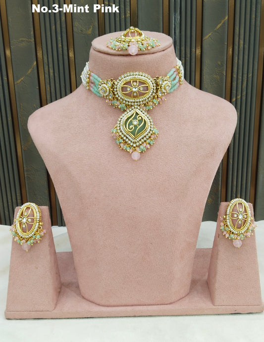 Mint Pink Kundan choker Set/ kundan choker Kundan Fana Set