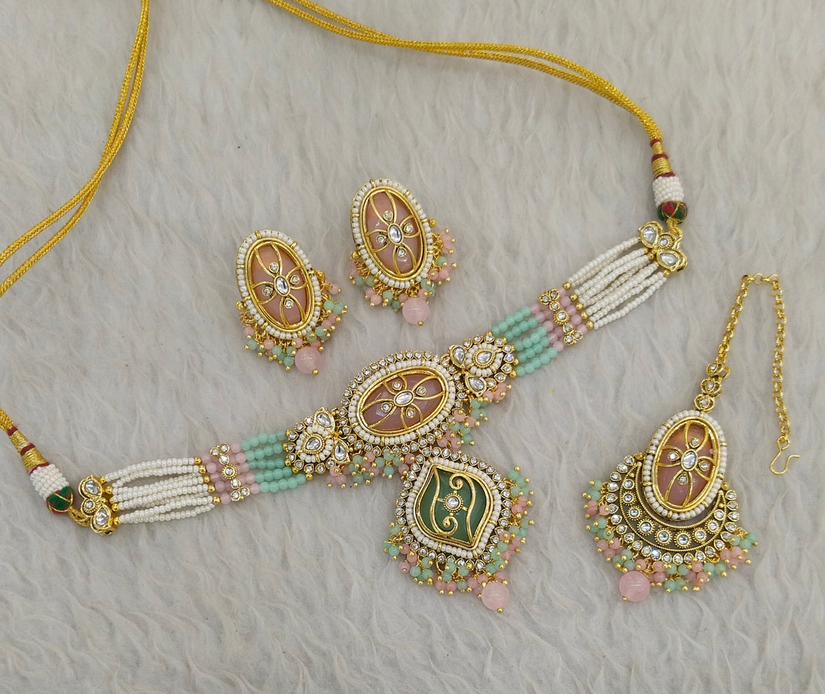 Mint Pink Kundan choker Set/ kundan choker Kundan Fana Set