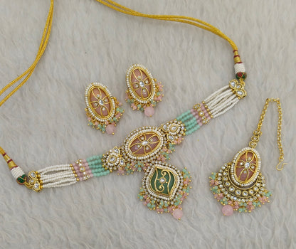 Mint Pink Kundan choker Set/ kundan choker Kundan Fana Set