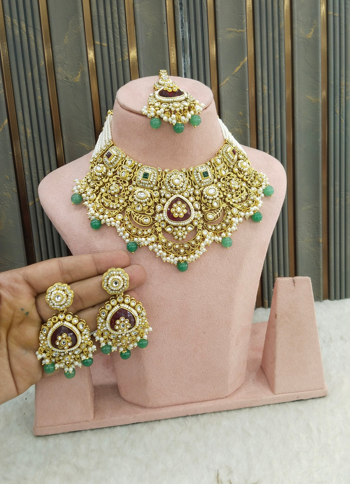 Ruby Sagegreen Kundan necklace Set/ kundan Indian jewellery Harjot sets