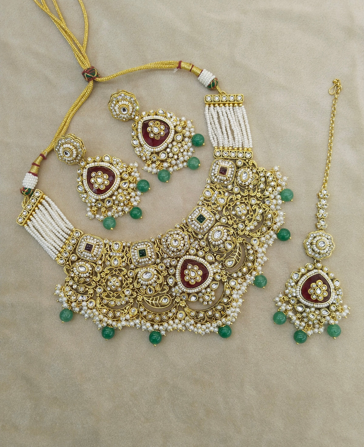 Ruby Sagegreen Kundan necklace Set/ kundan Indian jewellery Harjot sets
