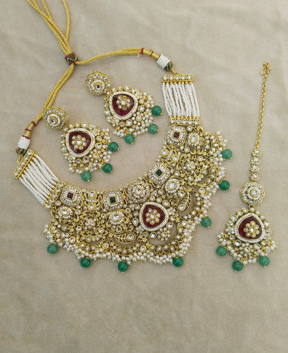 Ruby Sagegreen Kundan necklace Set/ kundan Indian jewellery Harjot sets