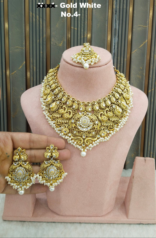 Gold White Kundan necklace Set/ kundan Indian jewellery Resham sets
