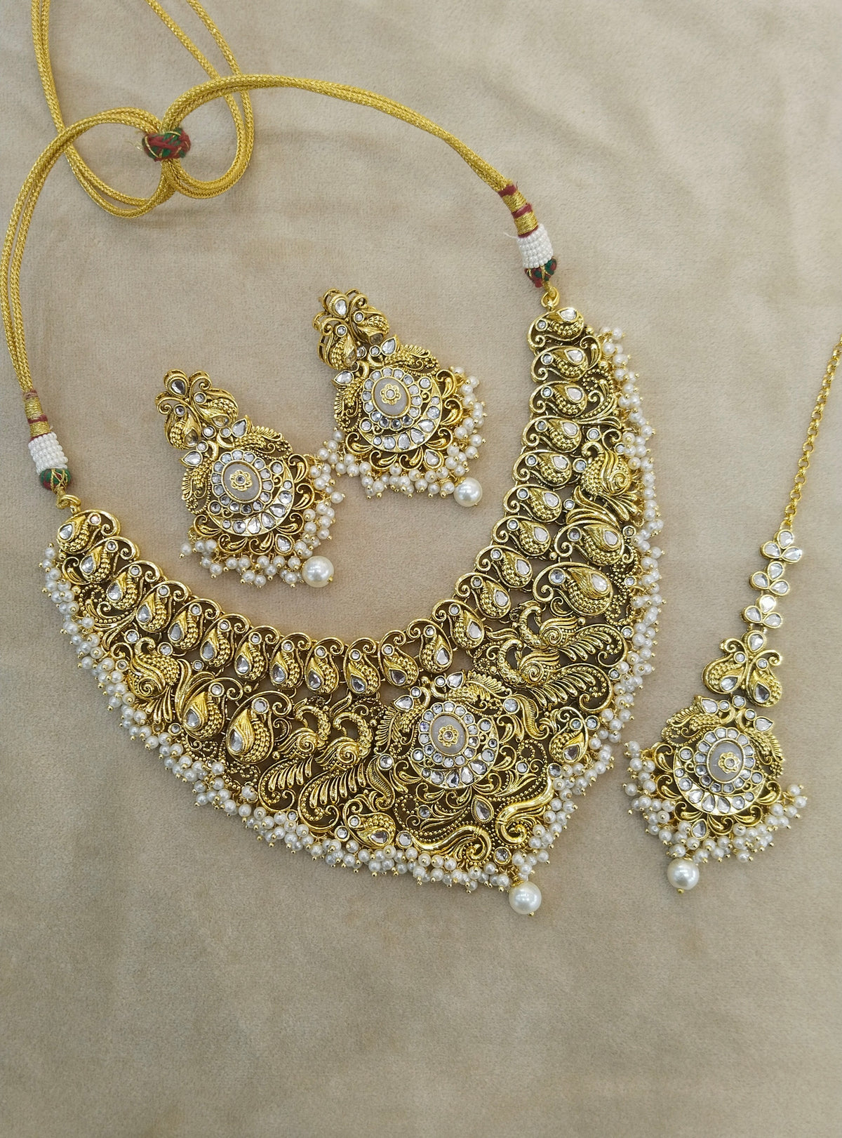 Gold White Kundan necklace Set/ kundan Indian jewellery Resham sets