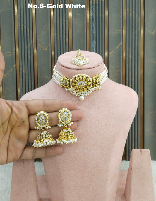 Gold White Kundan choker Set/ kundan choker Kundan Reema Set