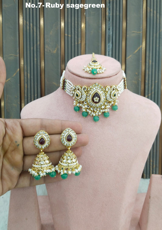 Ruby Sagegreen Kundan choker Set/ kundan choker Kundan Vamika Set
