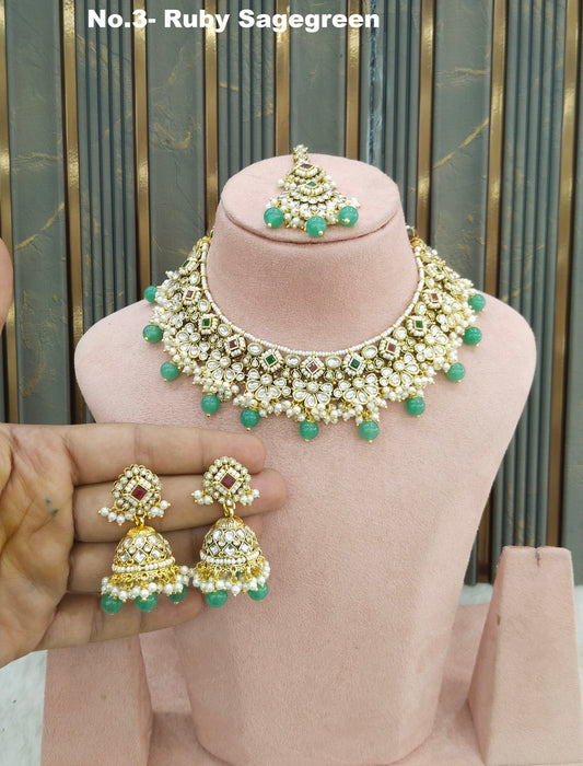 Ruby Sagegreen Kundan necklace Set/ kundan Indian jewellery kundan Gila sets
