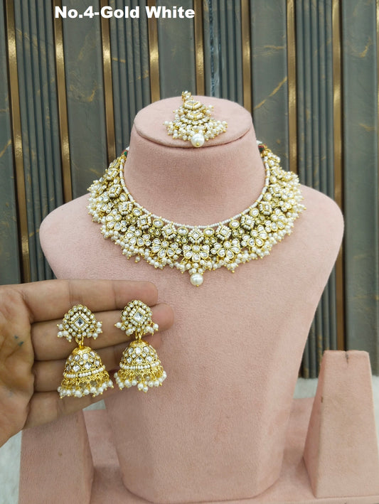 Gold White Kundan necklace Set/ kundan Indian jewellery kundan Gila sets