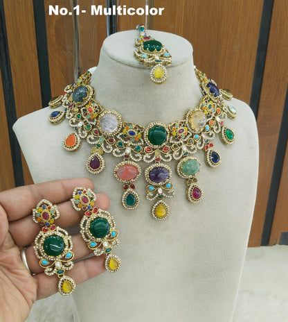 Multicolor Moissanite Kundan Cz Stone Necklace Jewellery Simi Set