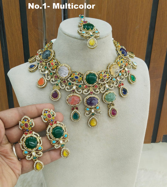 Multicolor Moissanite Kundan Cz Stone Necklace Jewellery Simi Set