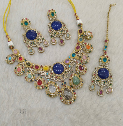 Multicolor Moissanite Kundan Cz Stone Necklace Jewellery Simi Set