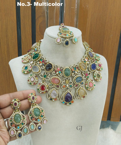 Multicolor Moissanite Kundan Cz Stone Necklace Jewellery Simi Set