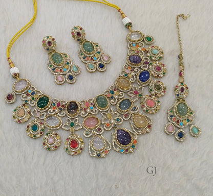 Multicolor Moissanite Kundan Cz Stone Necklace Jewellery Simi Set