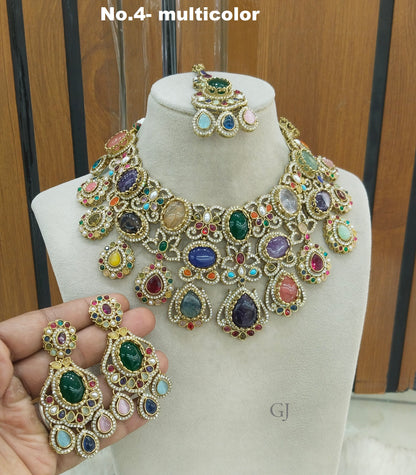 Multicolor Moissanite Kundan Cz Stone Necklace Jewellery Simi Set