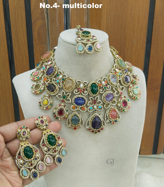 Multicolor Moissanite Kundan Cz Stone Necklace Jewellery Simi Set
