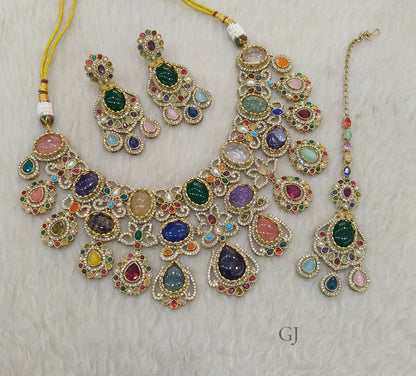 Multicolor Moissanite Kundan Cz Stone Necklace Jewellery Simi Set