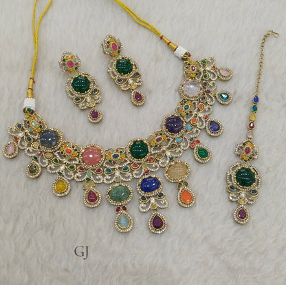 Multicolor Moissanite Kundan Cz Stone Necklace Jewellery Simi Set