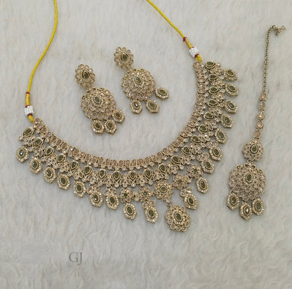 Antique mehndi green Necklace Set/ Antique gold Indian Eham Jewellery