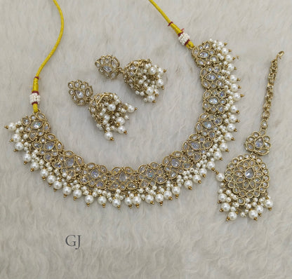 Antique white Necklace Set/ Antique gold Indian Fern Jewellery