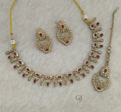 Antique Maroon Necklace Set/ Antique gold Indian Eshani Jewellery