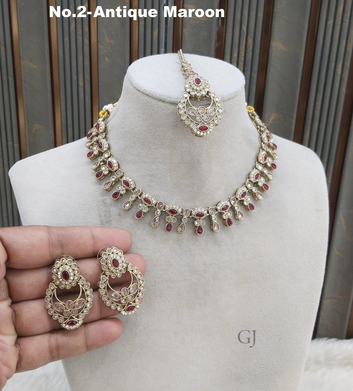 Antique Maroon Necklace Set/ Antique gold Indian Eshani Jewellery