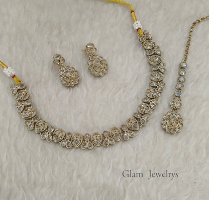 Antique White Necklace Set/ Antique gold Indian chinu Jewellery