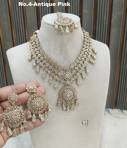 Antique Gold Pink Necklace Set/ Antique gold Indian simi Jewellery