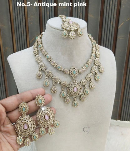 Antique Gold mint Pink Necklace Set/ Antique gold Indian simi Jewellery
