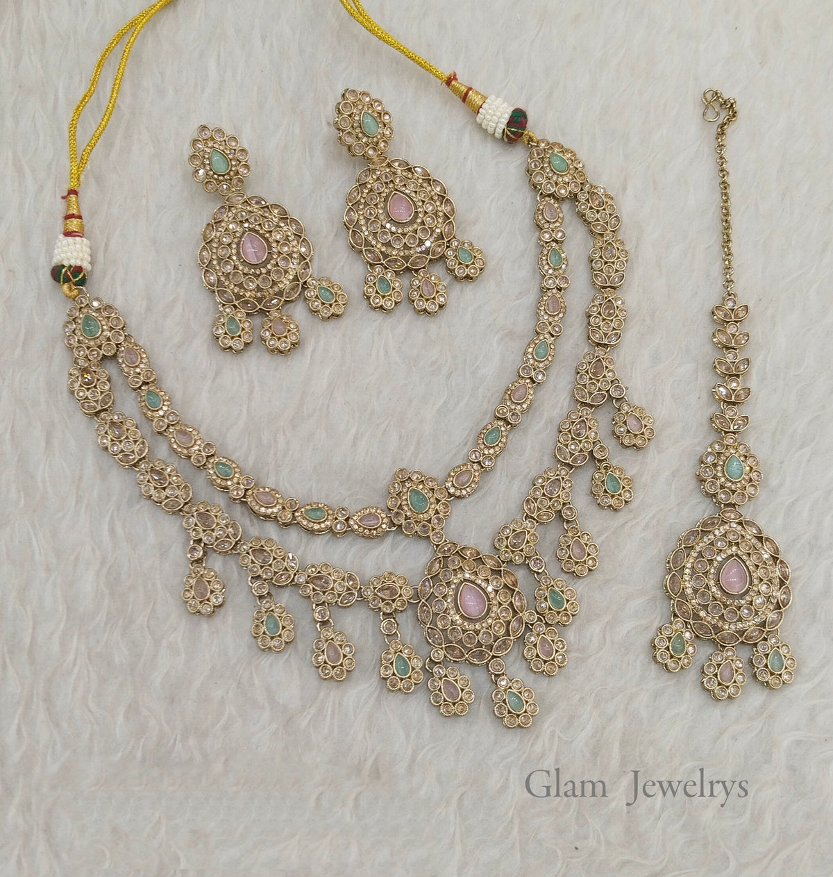 Antique Gold mint Pink Necklace Set/ Antique gold Indian simi Jewellery