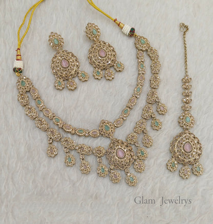 Antique Gold mint Pink Necklace Set/ Antique gold Indian simi Jewellery