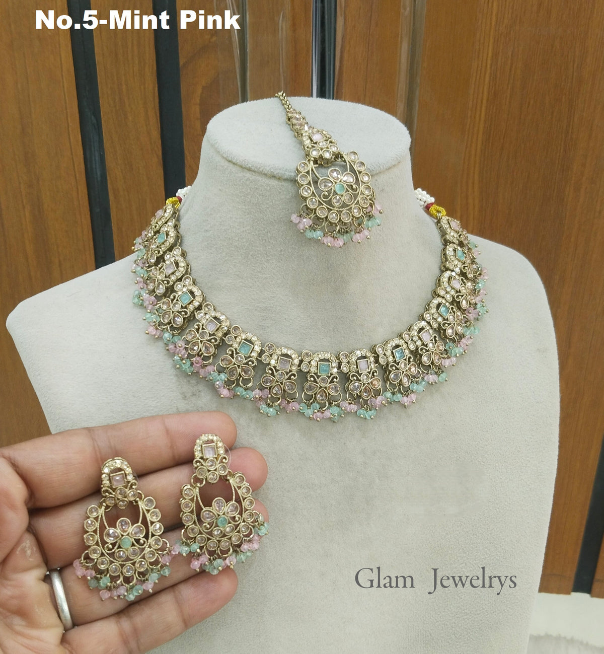 Antique Mint Pink Necklace Set/ Antique gold Indian Shuba Jewellery