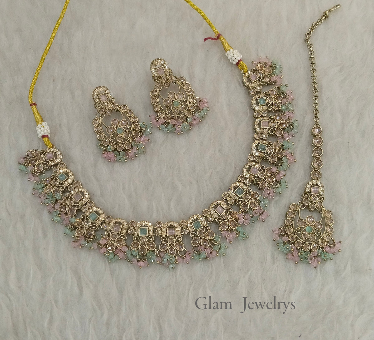 Antique Mint Pink Necklace Set/ Antique gold Indian Shuba Jewellery