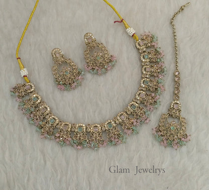 Antique Mint Pink Necklace Set/ Antique gold Indian Shuba Jewellery