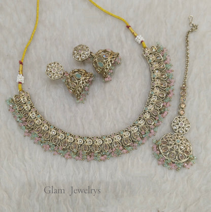 Antique Mint Pink Necklace Set/ Antique gold Indian Shuba Jewellery