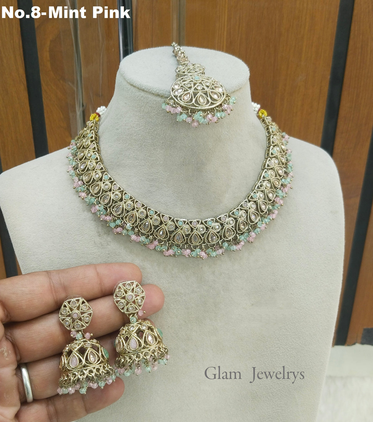Antique Mint Pink Necklace Set/ Antique gold Indian Shuba Jewellery