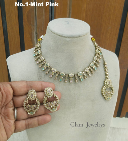 Antique Mint Pink Necklace Set/ Antique gold Indian Eshani Jewellery