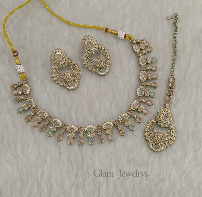 Antique Mint Pink Necklace Set/ Antique gold Indian Eshani Jewellery