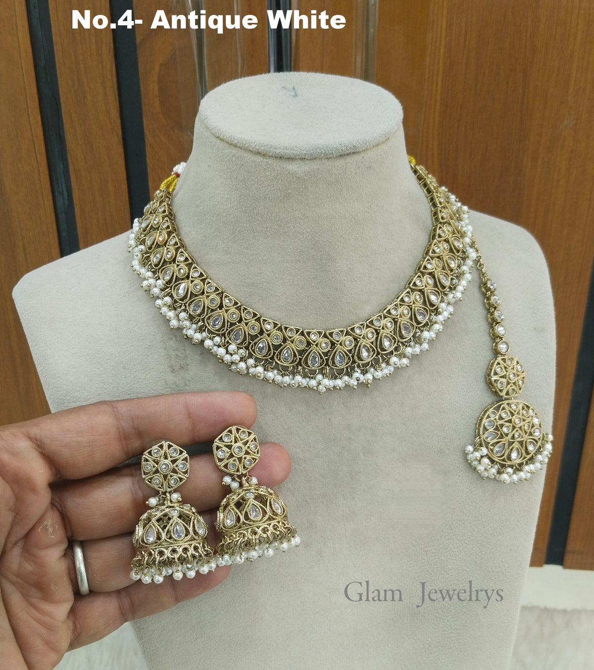 Antique White Necklace Set/ Antique gold Indian Ekta Jewellery