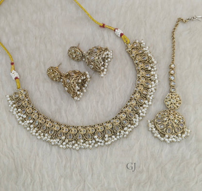 Antique White Necklace Set/ Antique gold Indian Ekta Jewellery