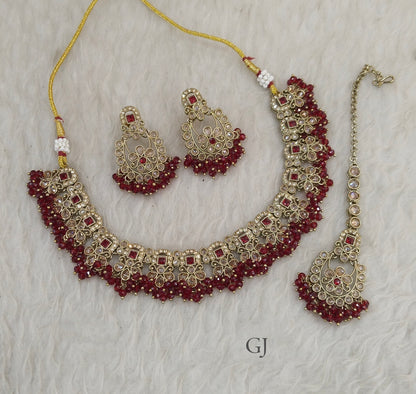 Antique Maroon Necklace Set/ Antique gold Indian Shuba Jewellery