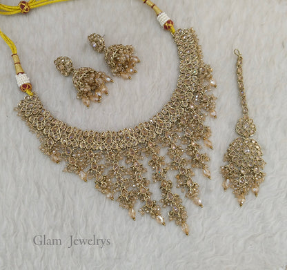 Antique Gold Necklace Set/ Antique gold Indian Eham Jewellery