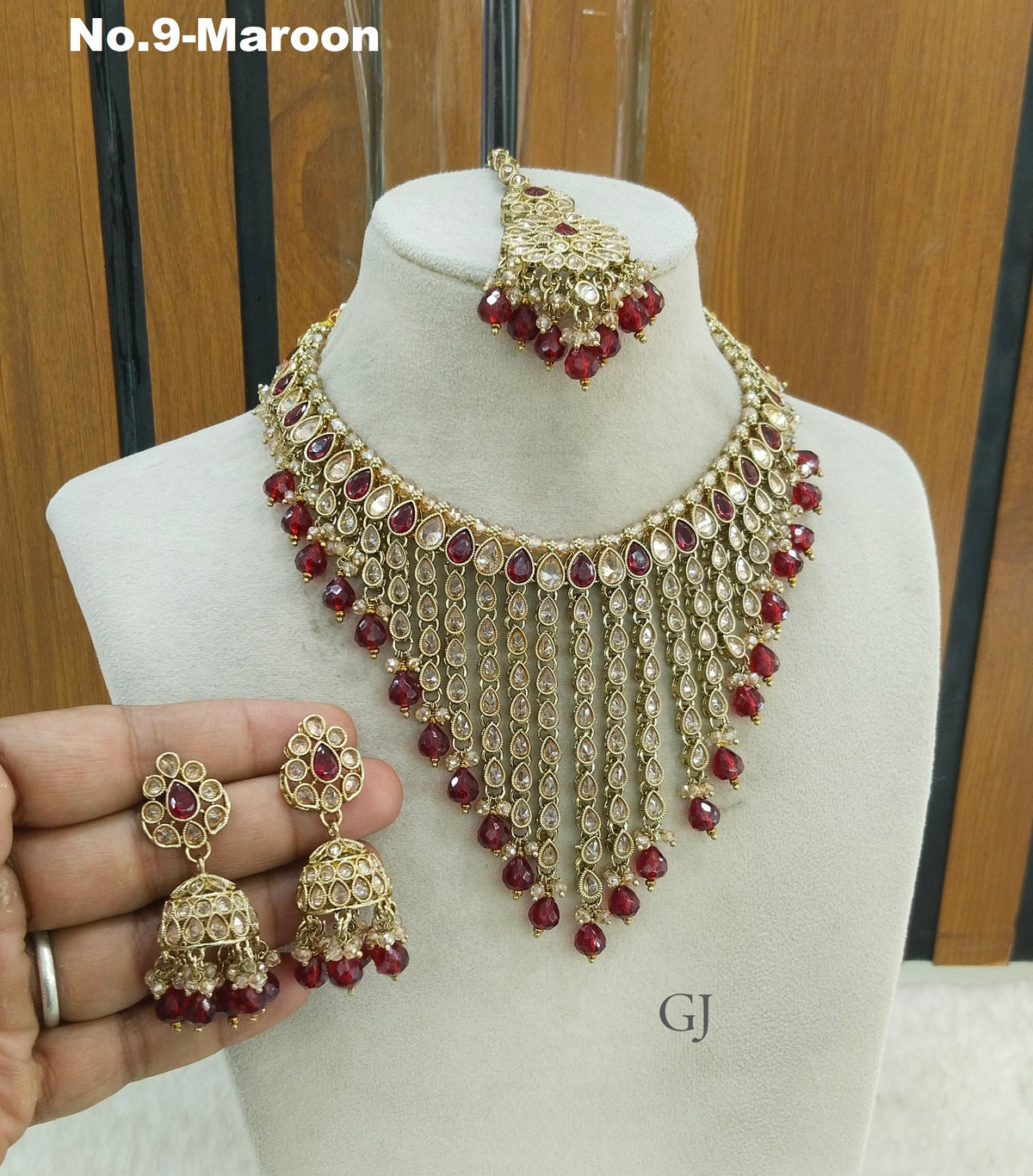 Antique Maroon Necklace Set/ Antique gold Indian Gurjot Jewellery