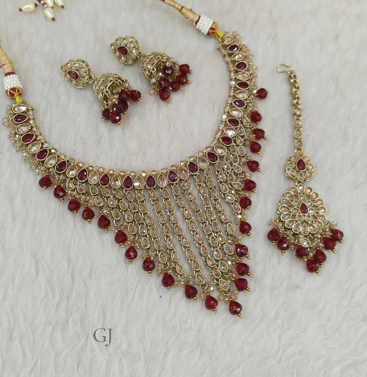 Antique Maroon Necklace Set/ Antique gold Indian Gurjot Jewellery