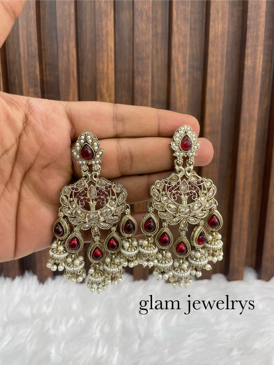 Maroon Antique Gold Bollywood Indian Sarpunch Earrings