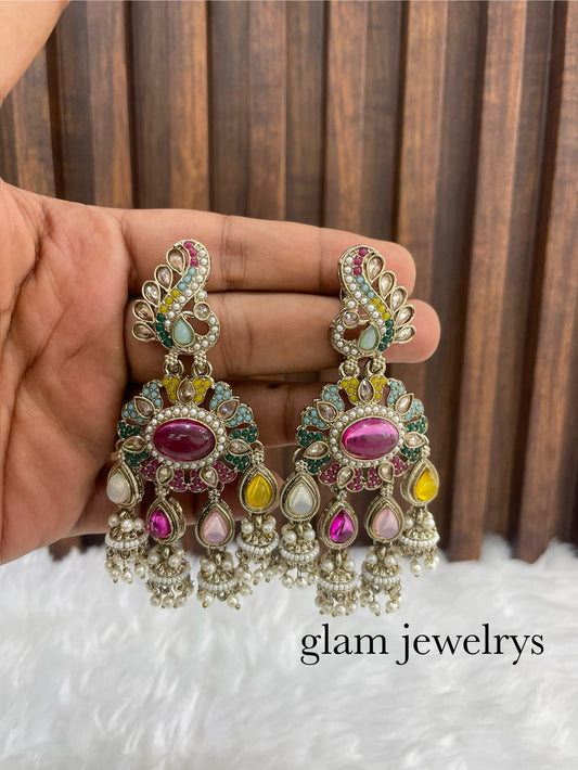 Multicolor Antique Gold Bollywood Indian Sarpunch Earrings