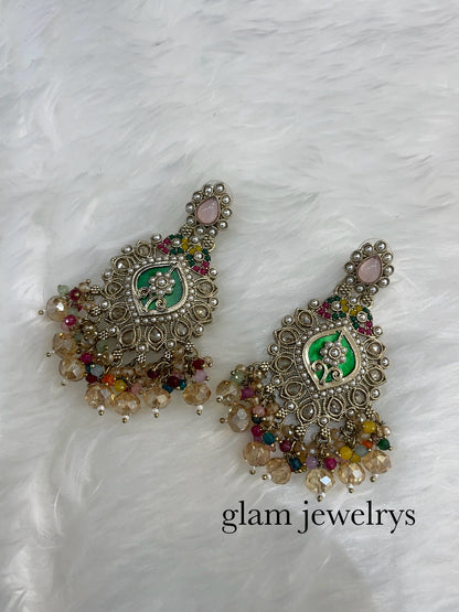 Multicolor Antique Gold Bollywood Indian Sarpunch Earrings